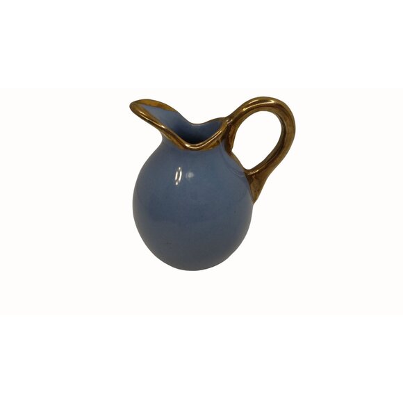 Miniature Blue Pitcher with Gold Rim and Handle Small Vase 2" x 2.5" - Picture 1 of 7